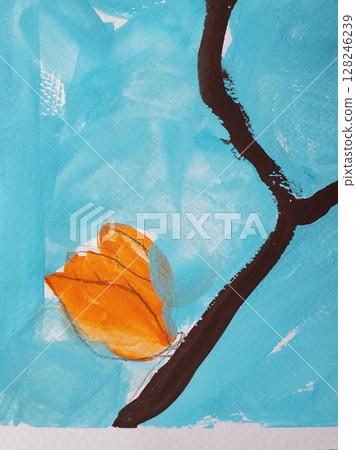 Naive art picture of curved tree branch with orange color flower on light blue painted background with copy space 128246239