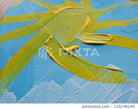 Naive art painting sun created by finger paint strokes. Hand drawing summer background 128246240