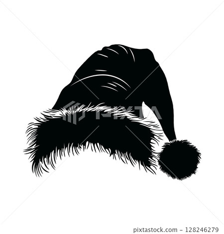 Santa hat with a white trim and pom pom on top. Vector silhouette isolated on white background. 128246279