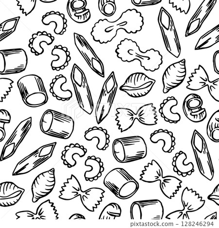 Seamless pattern with different types of pasta. Vector illustration in doodle style 128246294