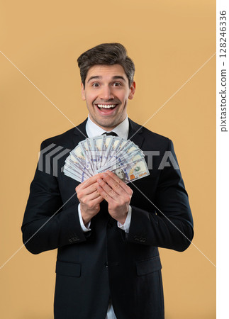 Happy Excited Businessman With Cash Money - Usd Currency Dollars Banknotes Happy Excited Businessman With Cash Money - Usd Currency Dollars Banknotes 128246336