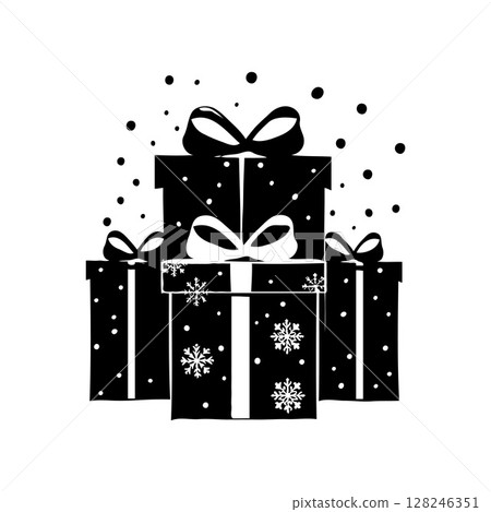 Silhouette three Christmas boxes with bows on top of them on white background. Vector illustration 128246351