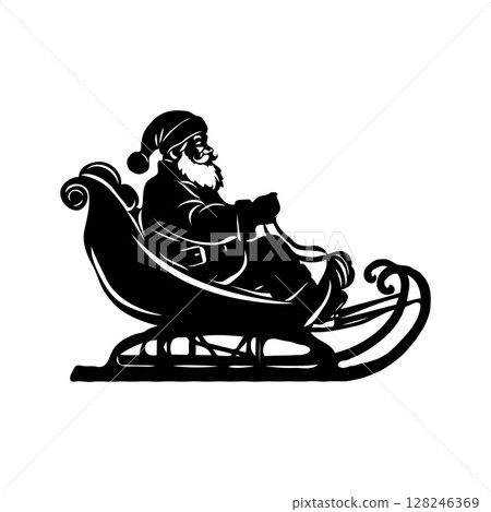 Silhouette of Santa Claus riding a sleigh, black and white graphic style, on a plain white background. Concept of Christmas holiday spirit 128246369