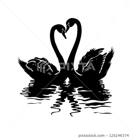 Black silhouette of two swans forming a heart shape with their necks, reflected on calm water, set against a white background, symbolizing love 128246374
