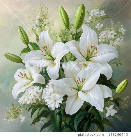 beautiful bouquet of white lilies and delicate flowers 128246443