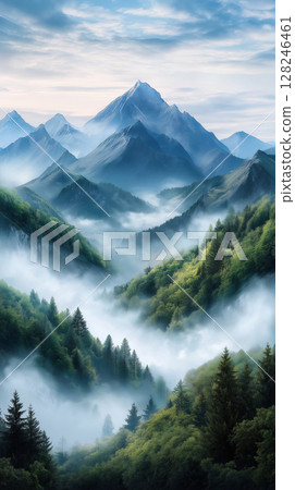 Majestic mountains with misty valleys and lush greenery 128246461