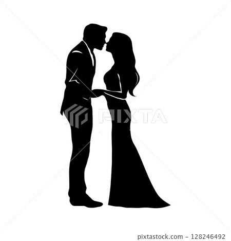 A romantic silhouette of a couple sharing a kiss, with elegant style, on a white background, depicting love and connection. Illustration for Wedding day, Valentine's day. 128246492