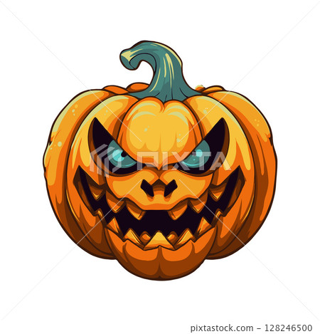 Angry carved pumpkin with glowing blue eyes and sharp teeth, cartoon style, isolated on white background, symbol of Halloween celebration 128246500