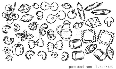 set italian pasta ingredients. vector illustration in doodle style 128246520
