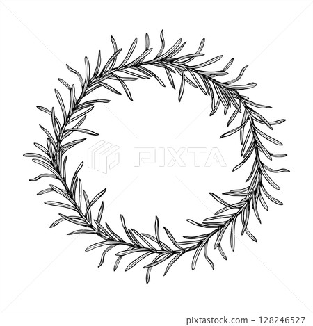 Vector rosemary branches round monochrome wreath illustration painted by black inks. Mediterranean seasoning aromatic herbs etching drawing. Space for text. For gourmet food packaging, spa menu Vector rosemary branches round monochrome wreath illustration painted by black inks. Mediterranean seasoning aromatic herbs etching drawing. Space for text. For gourmet food packaging, spa menu 128246527