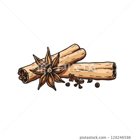 Hand-drawn illustration of cinnamon sticks, star anise, and cloves on white background, representing aromatic spices and culinary ingredients Hand-drawn illustration of cinnamon sticks, star anise, and cloves on white background, representing aromatic spices and culinary ingredients 128246586