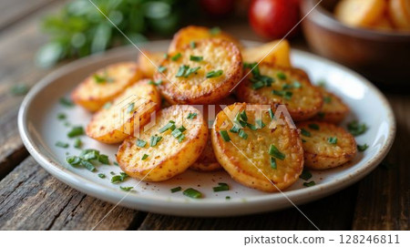 Crispy roasted potatoes with herbs on rustic white plate 128246811