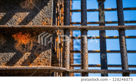 Close-up of rusty prison bars against bright blue sky 128246873