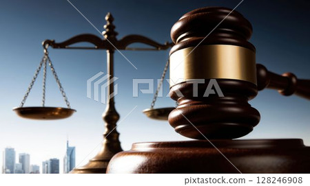 Wooden gavel and balance scales with clear city skyline 128246908