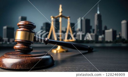 Wooden gavel and golden scales with modern city skyline 128246909