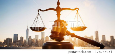 Judge gavel and justice scales in morning city light 128246931