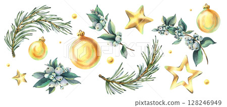 A set of watercolor holiday clip art featuring pine branches, snowberries, gold ornaments and stars. Hand painted for winter holiday cards, packaging and DIY decor. New Year, Christmas Illustration 128246949