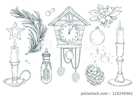 Vintage winter holiday set in hand drawn line art style. Includes candles, clock, ornaments, fir branches, and berries. Detailed black ink illustration for Christmas decor. 128246962