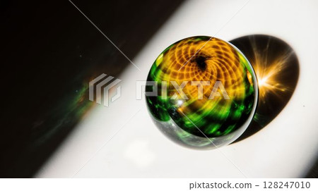 Glass orb with vibrant green and amber spiral glow 128247010