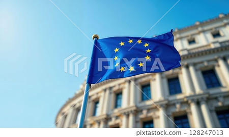 European flag waving outside official government building 128247013