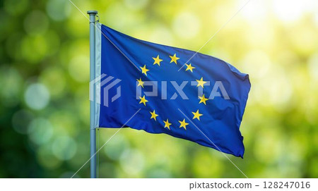 European flag fluttering with fresh green natural backdrop 128247016