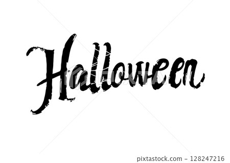 Image of the word Halloween written in a spooky, black font on a white background. Concept of Halloween celebration and spooky themes 128247216