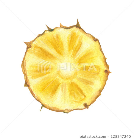 Realistic juicy ripe yellow pineapple slice watercolor illustration isolated background. Hand painted tropical cross section sweet fruit sketch for summer menu, healthy food packaging Realistic juicy ripe yellow pineapple slice watercolor illustration isolated background. Hand painted tropical cross section sweet fruit sketch for summer menu, healthy food packaging 128247240