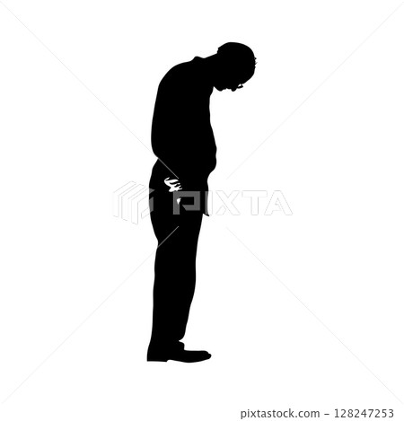 Silhouette of a man standing with empty pockets turned out, isolated on white background, symbolizing poverty or financial struggle. Concept of solitude and depression 128247253