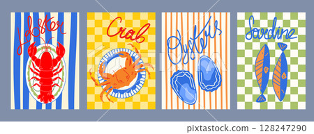 Retro poster design with seafood illustration. Lobster, sardines, oysters, crab 128247290