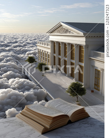 Open book resting on marble surface with grand building and clouds in the background Open book resting on marble surface with grand building and clouds in the background 128247323