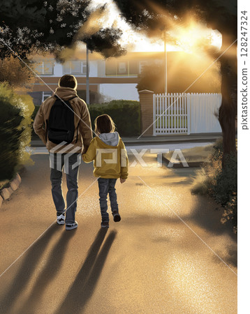Adult and child walking hand in hand along a sunlit path, surrounded by trees and warm light Adult and child walking hand in hand along a sunlit path, surrounded by trees and warm light 128247324