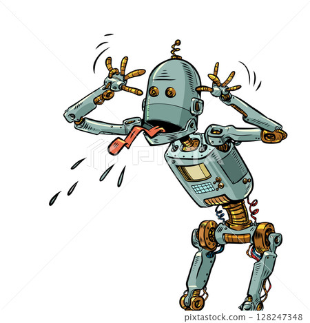 Pop Art Retro Robot sticks out tongue. Conflict with artificial intelligence. AI replacing professional employees. 128247348