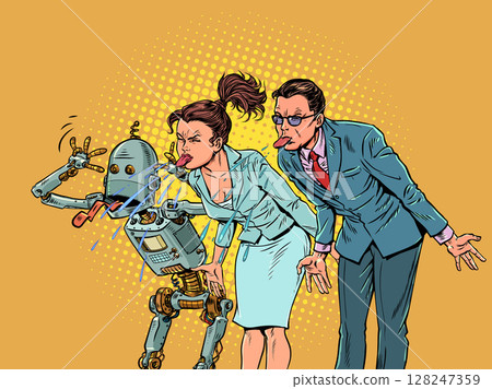 Pop Art Retro People and robot stick out their tongues together. Problems in the labor market. A company of scammers. Pop Art Retro People and robot stick out their tongues together. Problems in the labor market. A company of scammers. 128247359