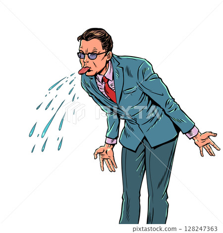 Pop Art Retro A man sticks out his tongue. Problems at work and in a team. Dismissal from a profession. 128247363