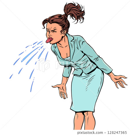 Pop Art Retro Woman sticking out her tongue. Problems at work and in the team. Dismissal from the profession. 128247365