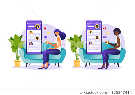 People chatting in the smartphone screen, virtual relationship vector illustration concept. Dating app or chat concept. Vector illustration for online dating app users. People chatting in the smartphone screen, virtual relationship vector illustration concept. Dating app or chat concept. Vector illustration for online dating app users. 128247414