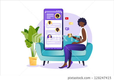 People chatting in the smartphone screen, virtual relationship vector illustration concept. Dating app or chat concept. Vector illustration for online dating app users. People chatting in the smartphone screen, virtual relationship vector illustration concept. Dating app or chat concept. Vector illustration for online dating app users. 128247415