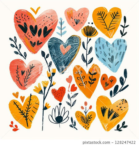 Colorful hearts illustration with leaves and patterns on a light background. Concept of love, kindness, mutual assistance and sacrifice Colorful hearts illustration with leaves and patterns on a light background. Concept of love, kindness, mutual assistance and sacrifice 128247422