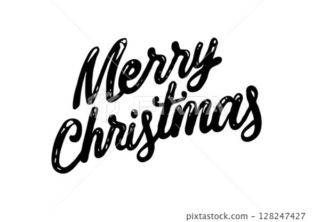 Merry Christmas text in hand-drawn style on white background. Concept of holiday greeting 128247427