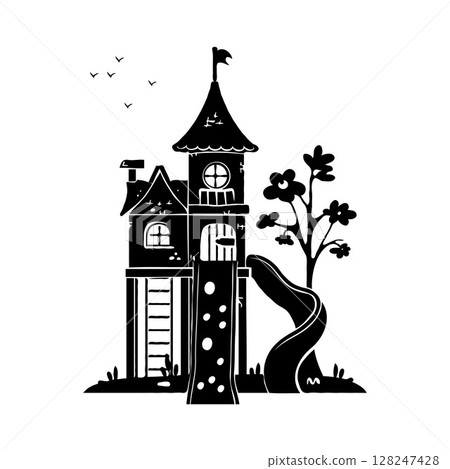 Black silhouette illustration of a whimsical treehouse with a slide, a tree, and birds in the background. Playful and creative concept. Concept of childhood playhouse 128247428