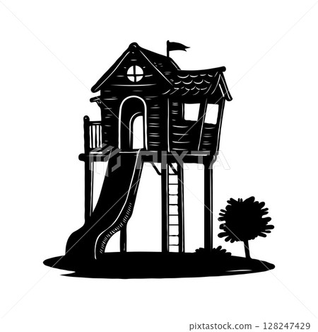 Treehouse with a slide and ladder, drawn in black and white, isolated on a white background. Concept of childhood play and fun. Concept of childhood playhouse 128247429