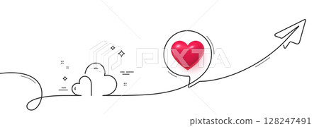 Care with love line icon. Continuous line with share plane. Two hearts sign. Volunteer care symbol. 3d heart in speech bubble. Care single line ribbon. Loop curve pattern. Vector Care with love line icon. Continuous line with share plane. Two hearts sign. Volunteer care symbol. 3d heart in speech bubble. Care single line ribbon. Loop curve pattern. Vector 128247491