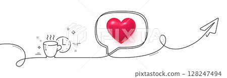 Coffee break line icon. Continuous line with share plane. Breakfast hot tea sign. Coffee time symbol. 3d heart in speech bubble. Coffee break single line ribbon. Loop curve pattern. Vector 128247494