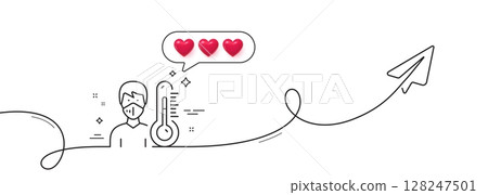 Thermometer line icon. Continuous line with share plane. Doctor with face mask sign. Temperature measuring symbol. Hearts rate review in speech bubble. Thermometer single line ribbon. Vector Thermometer line icon. Continuous line with share plane. Doctor with face mask sign. Temperature measuring symbol. Hearts rate review in speech bubble. Thermometer single line ribbon. Vector 128247501