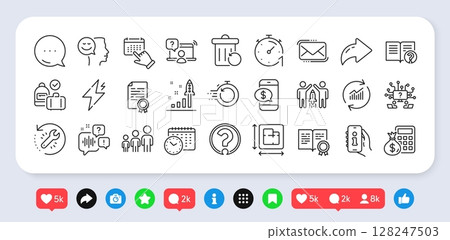 Teamwork question, Help and Recovery trash line icons pack. Social media: share, comment, like icons. Partnership, Power, Update data web icon. Vector 128247503