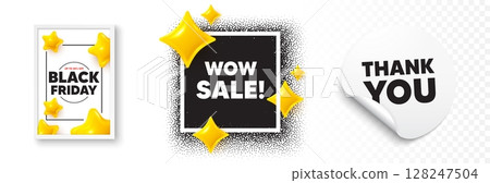 Wow sale photo frame 3d stars. Thank you sticker banner. Wow Sale tag. Special offer price sign. Advertising Discounts symbol. Black friday poster. Promo background. Vector 128247504