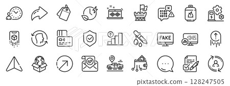 Direction, Report statistics and Charging station line icons pack. Share, Message, Paper plane icons. Card, User info, Face id web icon. Vector 128247505
