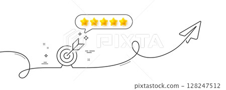 Target goal line icon. Continuous line with share plane. Success arrow sign. Business aim symbol. Five star rate review in speech bubble. Target goal single line ribbon. Loop curve pattern. Vector Target goal line icon. Continuous line with share plane. Success arrow sign. Business aim symbol. Five star rate review in speech bubble. Target goal single line ribbon. Loop curve pattern. Vector 128247512