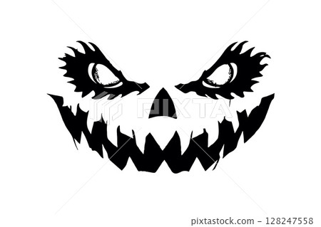 Scary Halloween face with sharp teeth, silhouette style on white background. Concept of horror 128247558
