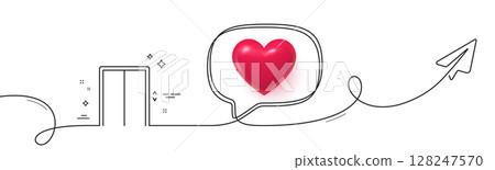 Lift line icon. Continuous line with share plane. Elevator sign. Transportation between floors symbol. 3d heart in speech bubble. Lift single line ribbon. Loop curve pattern. Vector 128247570